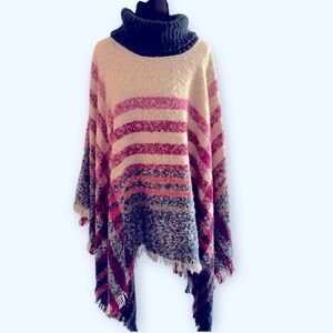 Boucle Knit Navy Pink Cream Plaid Fringe Turtle Neck Sweater Poncho